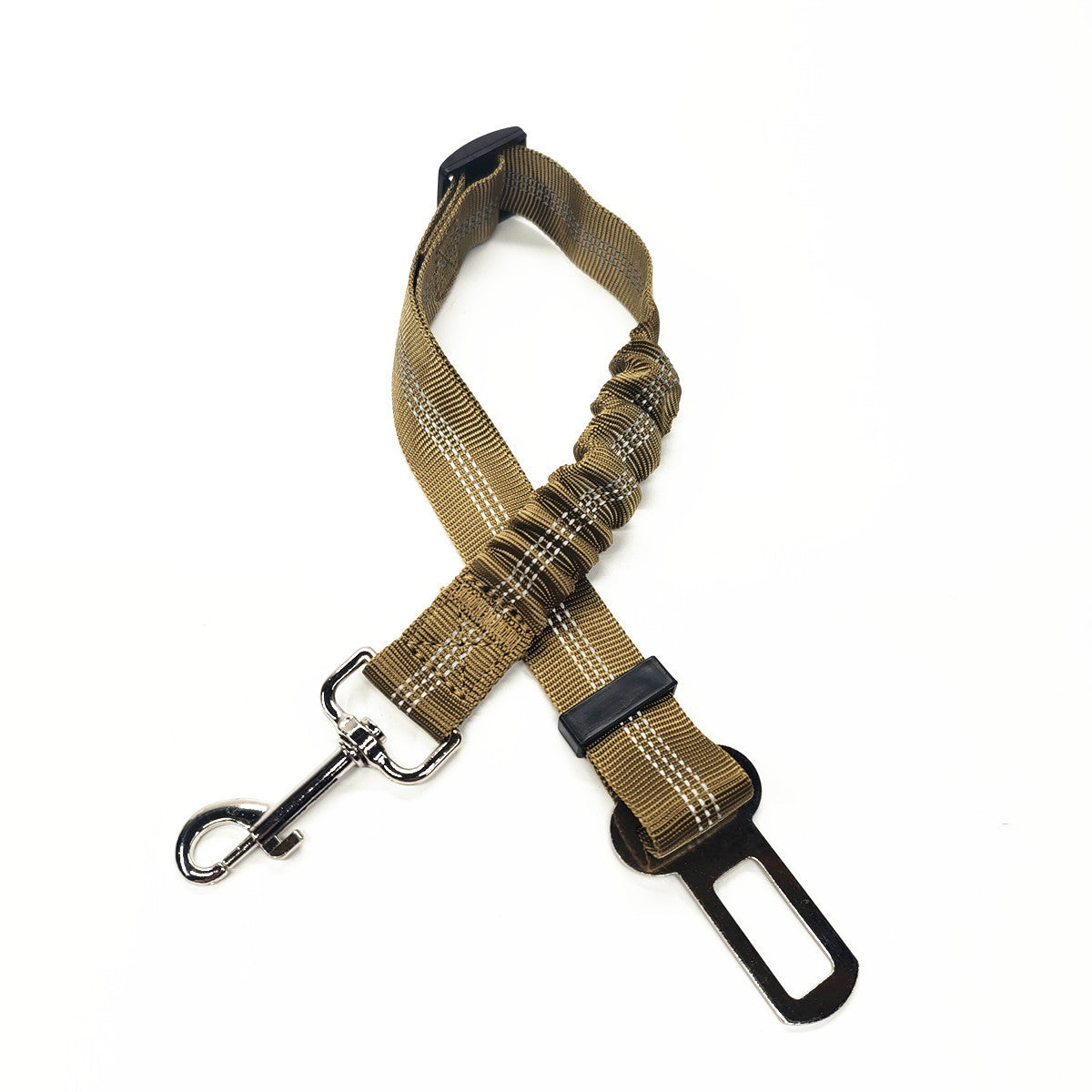 Reflective, elastic seat belt for safe, comfy car rides.