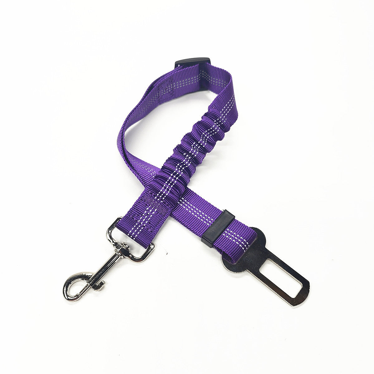 Reflective, elastic seat belt for safe, comfy car rides.