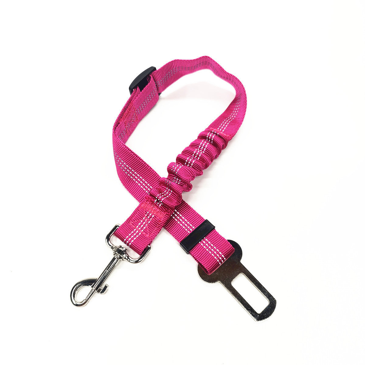 Reflective, elastic seat belt for safe, comfy car rides.