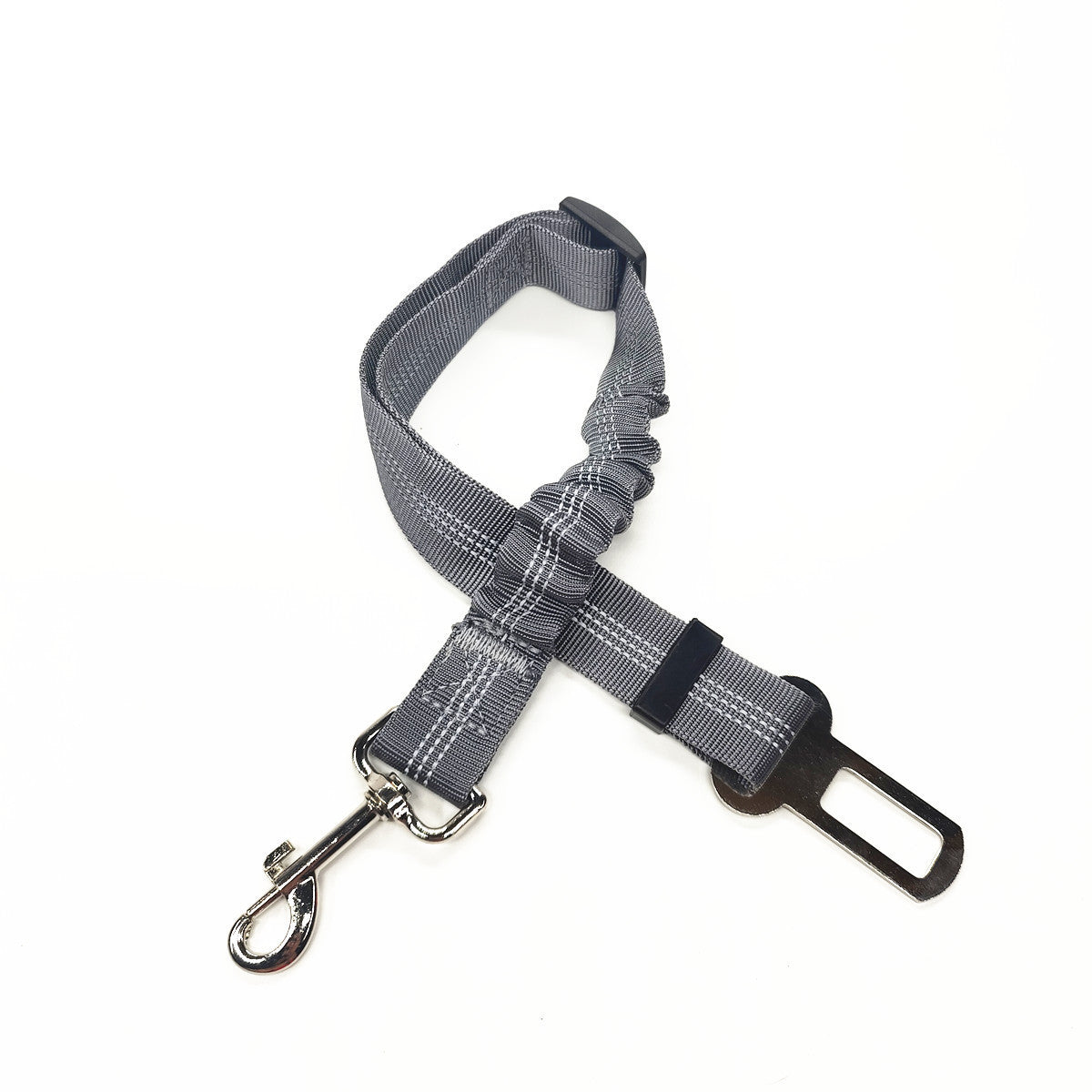 Reflective, elastic seat belt for safe, comfy car rides.