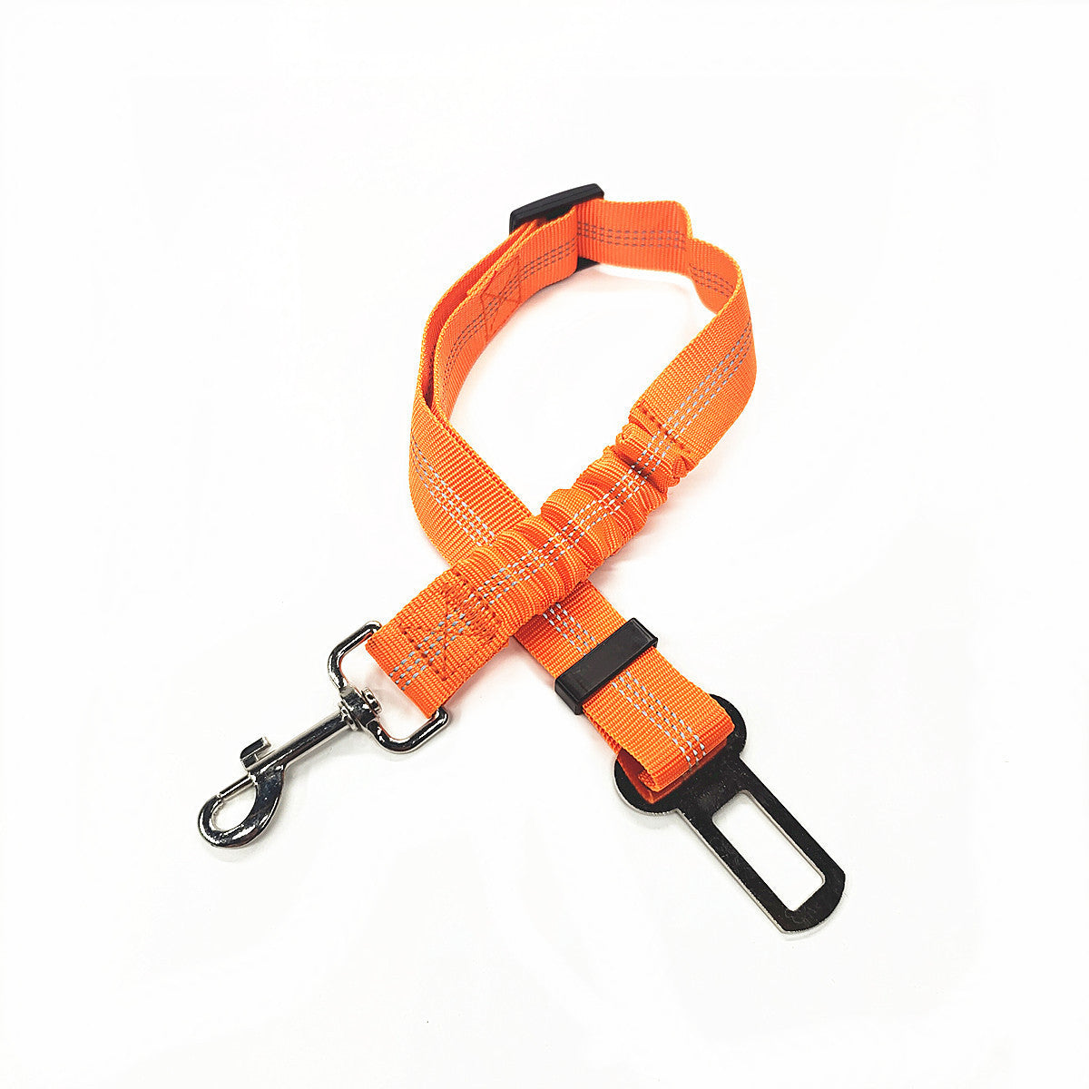 Reflective, elastic seat belt for safe, comfy car rides.
