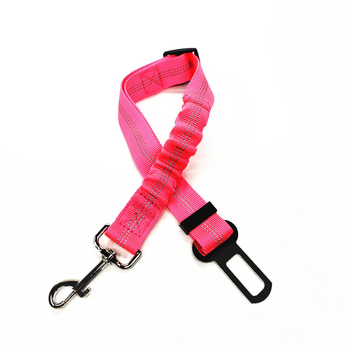 Reflective, elastic seat belt for safe, comfy car rides.