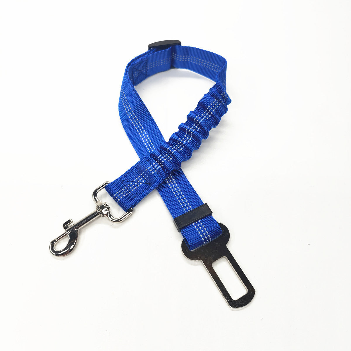 Reflective, elastic seat belt for safe, comfy car rides.
