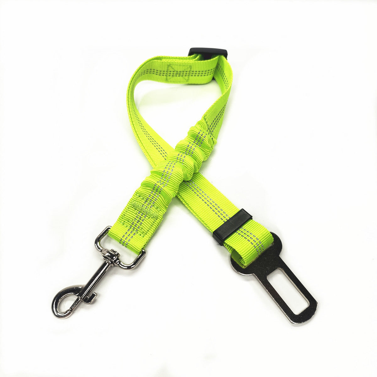 Reflective, elastic seat belt for safe, comfy car rides.