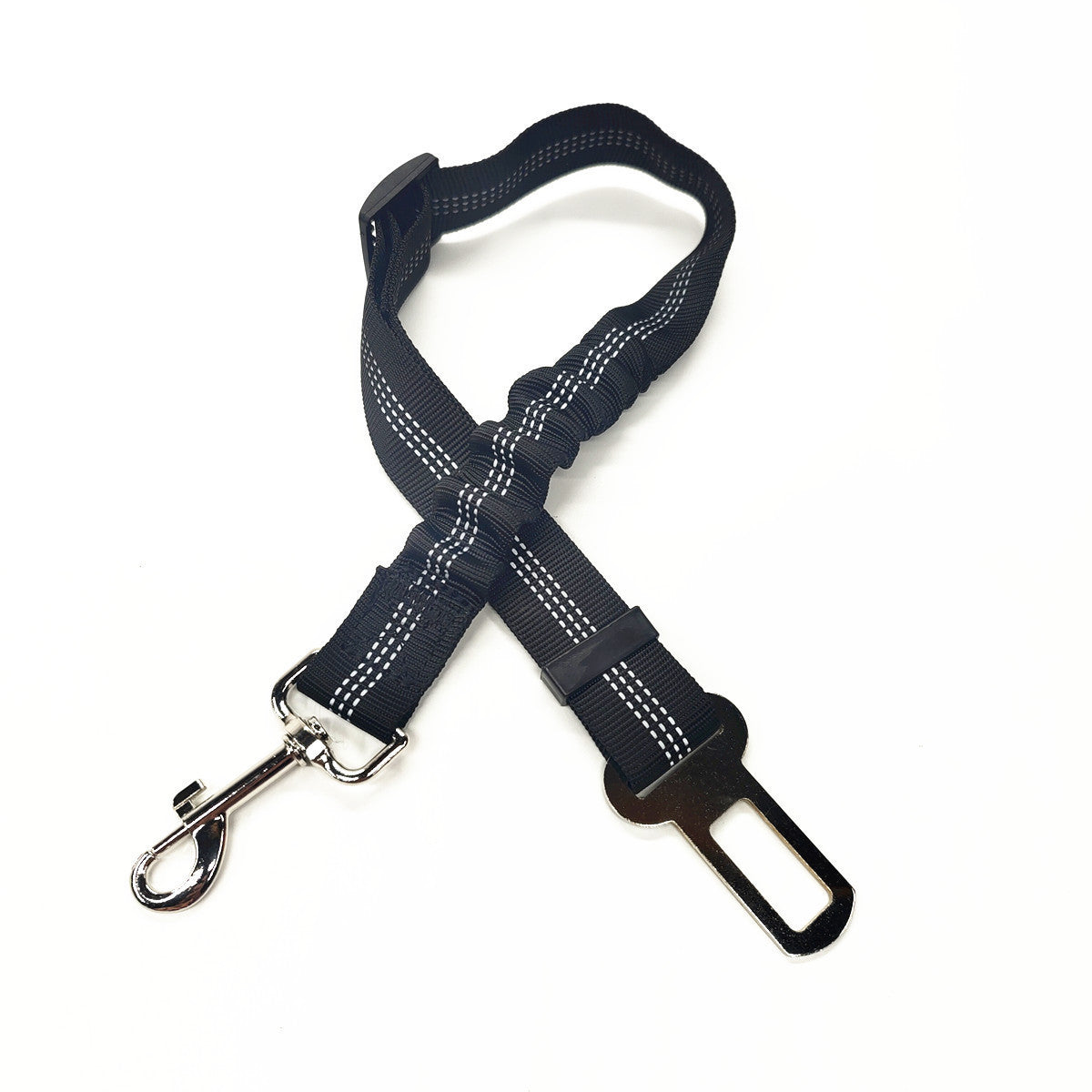 Reflective, elastic seat belt for safe, comfy car rides.