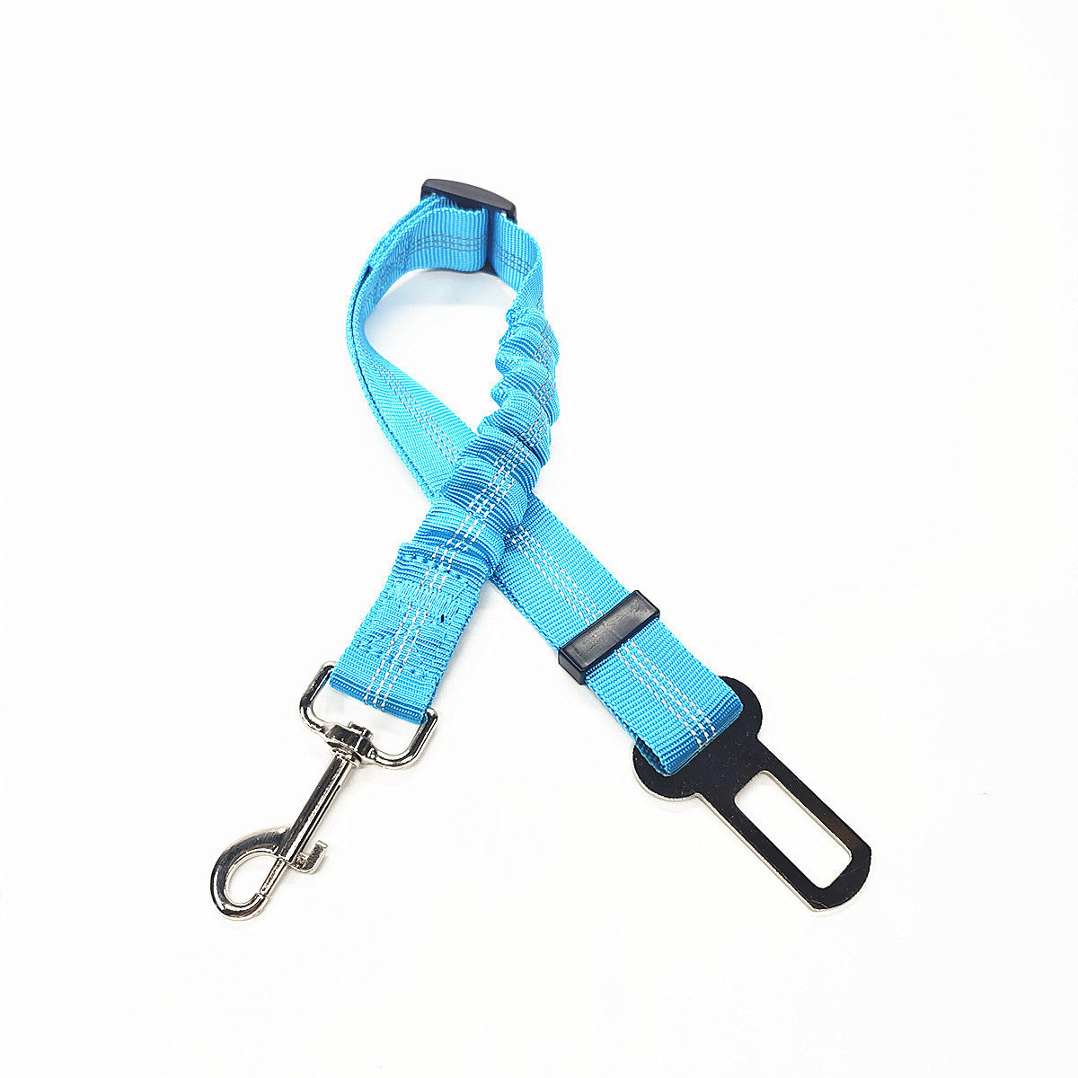 Reflective, elastic seat belt for safe, comfy car rides.